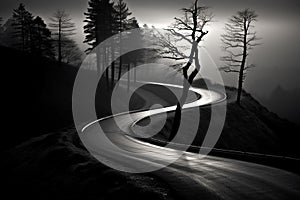 Melancholic winding road with few trees in background. Generative AI