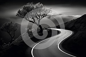 Melancholic winding road with few trees in background. Generative AI