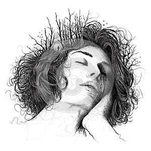 Melancholic woman digital illustration. Hand drawn sketch