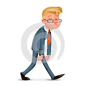 Melancholy Sad Tired Weary Fatigue Businessman Walk Retro Cartoon Design Vintage Character Icon Isolated Vector
