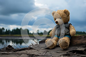 A melancholy, solitary bear doll, vintage allure with somber undertones