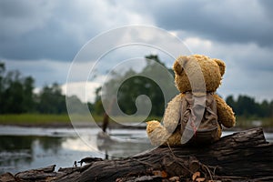 A melancholy, solitary bear doll, vintage allure with somber undertones