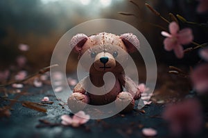 Malinconia un orso Circondato rosa fiore fiori. creare 