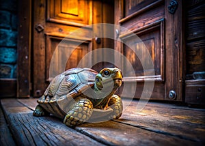 Melancholy Tortoise Doorstop a Nocturnal Vignette Against a Rustic Wooden Door A captivating image of a weathered photo