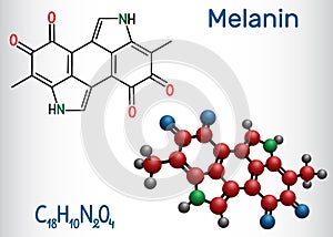 Melanin  molecule. Structural chemical formula and molecule model