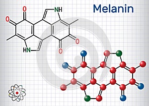 Melanin  molecule. Structural chemical formula and molecule model. Sheet of paper in a cage