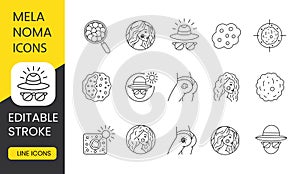 Melanoma set vector line icons with editable stroke. Mole on the face and buttock, on the chest, disease prevention