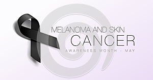 Melanoma and Skin Cancer Awareness Calligraphy Poster Design. Realistic Black Ribbon. May is Cancer Awareness Month