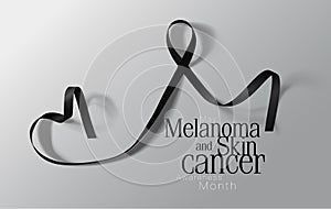 Melanoma and Skin Cancer Awareness Calligraphy Poster Design. Realistic Black Ribbon. May is Cancer Awareness Month