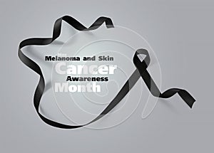 Melanoma and Skin Cancer Awareness Calligraphy Poster Design. Realistic Black Ribbon. May is Cancer Awareness Month