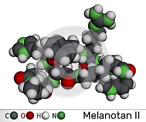 Melanotan II molecule. It is synthetic analogue of the peptide hormone. Molecular model. 3D rendering