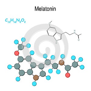 Melatonin. Chemical structural formula and model of hormone molecule