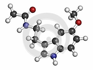 Melatonin hormone molecule. In humans, it plays a role in circadian rhythm synchronization. Atoms are represented as spheres with. photo