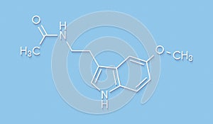 Melatonin hormone molecule. In humans, it plays a role in circadian rhythm synchronization. Skeletal formula.