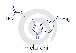 Melatonin hormone molecule. In humans, it plays a role in circadian rhythm synchronization. Skeletal formula. photo