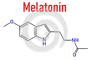 Melatonin hormone molecule. In humans, it plays a role in circadian rhythm synchronization. Skeletal formula.