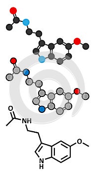 Melatonin hormone molecule. In humans, it plays a role in circadian rhythm synchronization. Stylized 2D renderings and