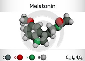 Melatonin molecule, hormone that regulates sleep and wakefulness. Chemical formula and molecule model photo