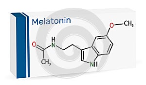 Melatonin molecule, hormone that regulates sleep and wakefulness. Skeletal chemical formula. Paper packaging for drugs