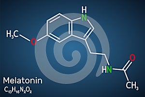 Melatonin molecule, hormone that regulates sleep and wakefulness. Structural chemical formula on the dark blue