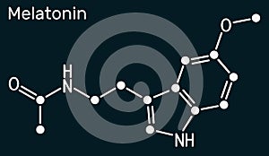 Melatonin molecule, hormone that regulates sleep and wakefulness. Structural chemical formula on the dark blue