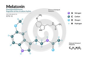 Melatonin. Pineal Gland Hormone. Regulator of the Circadian Rhythm. Dietary Supplement. C13H16N2O2. Structural Chemical Formula photo