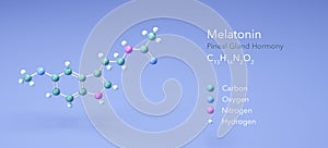 Melatonin, Pineal gland Hormony. Structural Chemical Formula and Atoms with Color Coding, 3d rendering