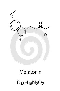 Melatonin, skeletal formula and molecular structure photo