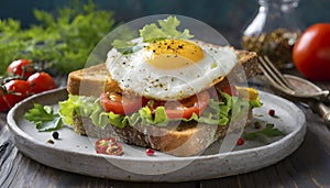 Melba Toast Stack with Fried Egg, Tomato, Lettuce, and Spicy Serrano Pepper.