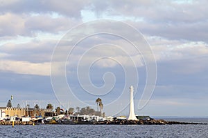 MELBOURNE, AUSTRALIA - August 16 2015: Melbourne city view from Saint Kilda beach, sand, sun and people, Melbourne, Australia