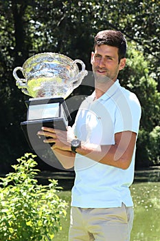 2019 Australian Open champion Novak Djokovic of Serbia posing with Australian Open trophy at Royal Botanic Garden Victoria