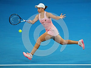 Professional tennis player Ashleigh Barty of Australia in action during her quarter-final match at 2019 Australian Open