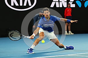 14 time Grand Slam Champion Novak Djokovic of Serbia in action during his final match against Rafael Nadal at 2019 Australian Open