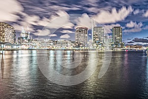 Melbourne, Australia. Night skyline from New Quay Promenade. Cit