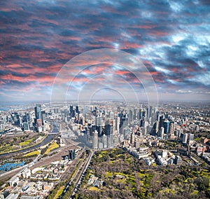 Melbourne City Aerial View Panorama Skyline Cityscape. Fitzroy Gardens, Federation Square, Princes Bridge on Yarra River from