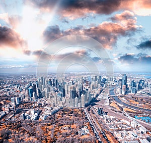 Melbourne City Aerial View Panorama Skyline Cityscape. Fitzroy Gardens, Federation Square, Princes Bridge on Yarra River from