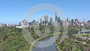 Melbourne City Australia and Yarra River Aerial Reveal