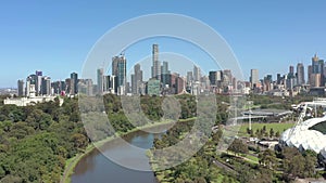 Melbourne City Australia and Yarra River Aerial Reveal