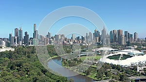 Melbourne City Australia and Yarra River Aerial Reveal