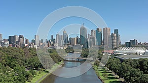 Melbourne City Australia and Yarra River Aerial Reveal