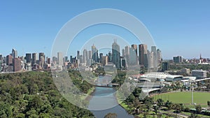 Melbourne City Australia and Yarra River Aerial Reveal