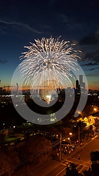 Melbourne City and MCG Sunset with Fireworks