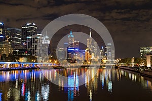 Melbourne city skyline at night with the view of Queens Bridge o