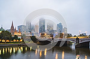 Melbourne cityscape on foggy morning