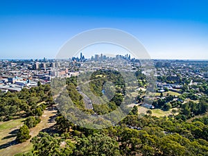 Melbourne`s skyline overlooking Yarra Bend Park