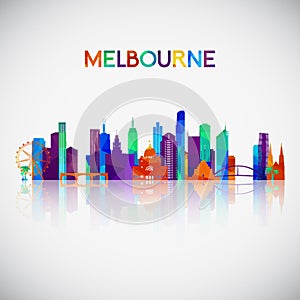 Melbourne skyline silhouette in colorful geometric style.