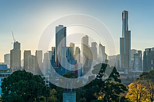 Melbourne Southbank cityscape with modern buildings at sunset