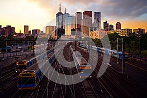 Melbourne train staation with Melbourne city background