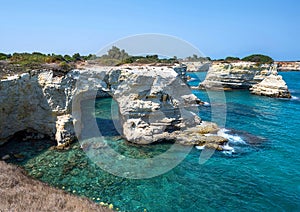 Melendugno,province of Lecce,Puglia,Italy. August 2021. The stacks of Sant`Andrea