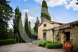 Gaiole in Chianti: View of the beautiful and ancient Meleto Castle in the heart of Chianti. Tuscany, Italy photo